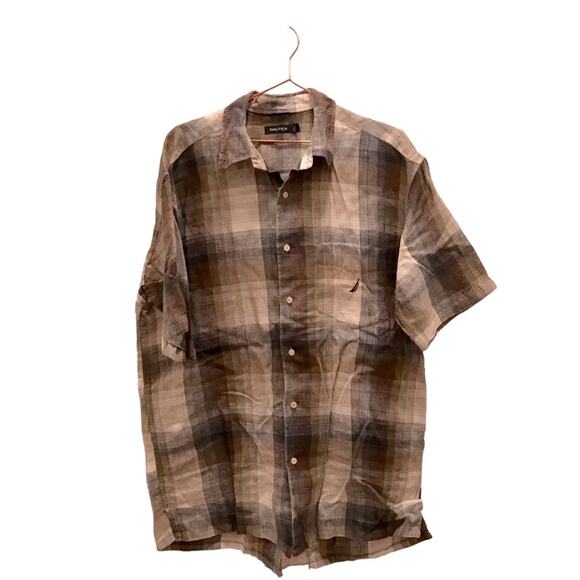 Nautica linen gray green blue plaid button down shirt size large short sleeve - Picture 1 of 5